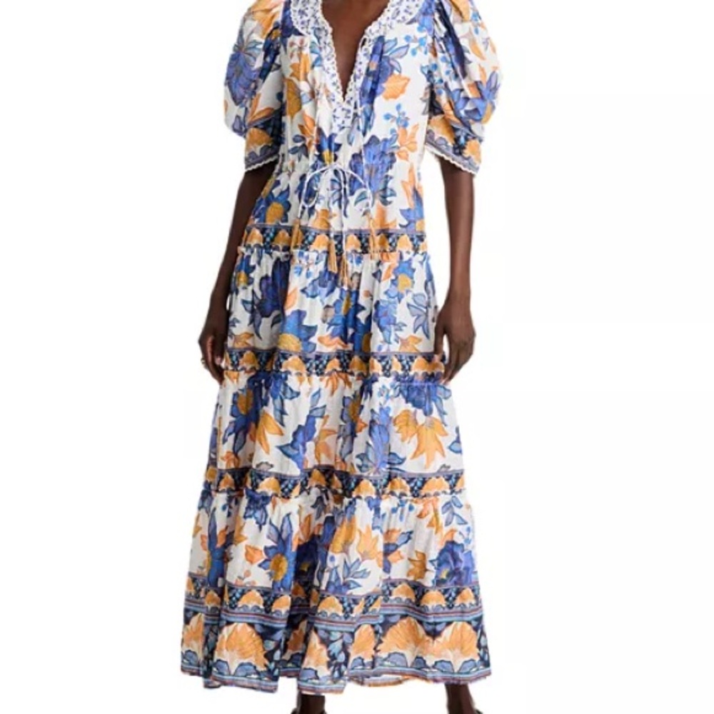 FARM Rio Blue and Orange Puff Sleeve Maxi Dress Gorgeous